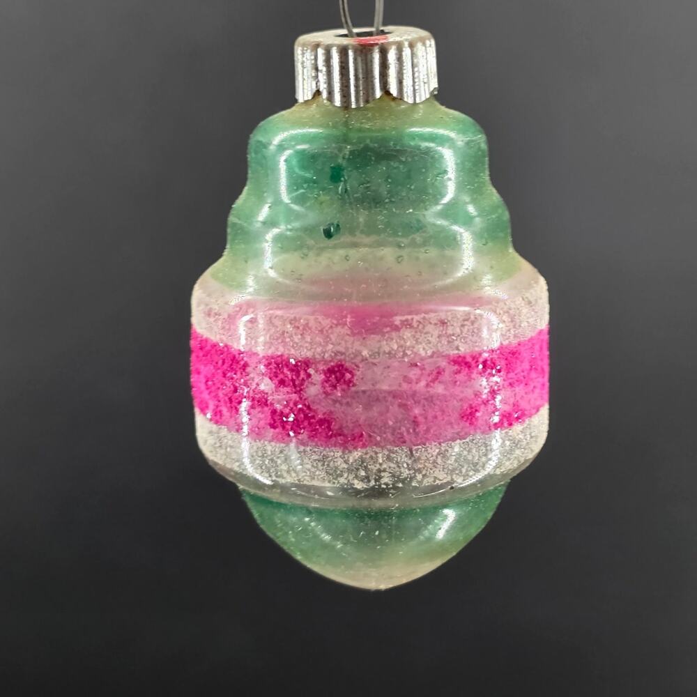 Vintage SHINY BRITE UNSILVERED LANTERN Green Pink MICA glass Christmas ornament